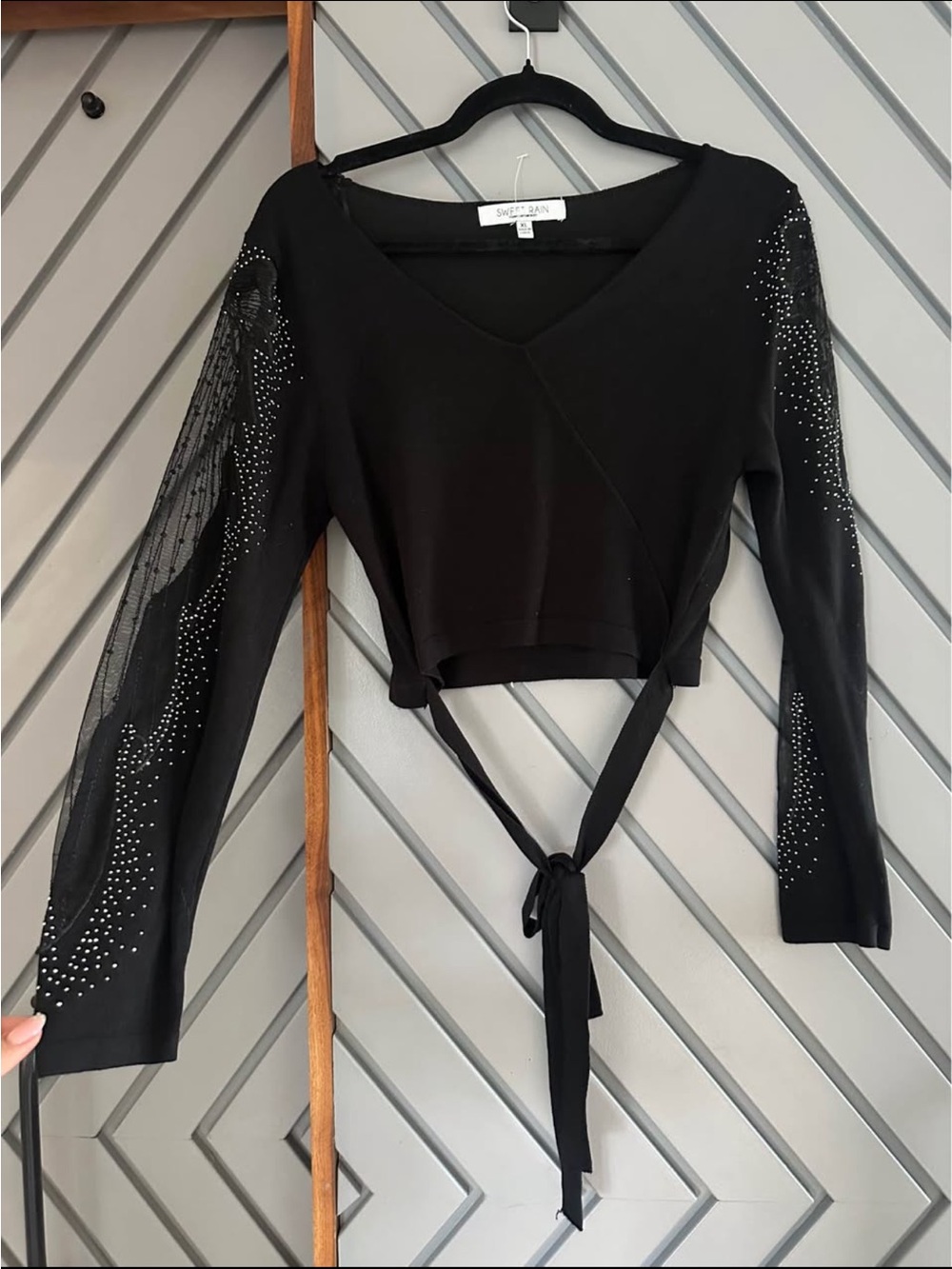 Sweet Rain Black Sheer-Sleeve Tie-Front Crop Top